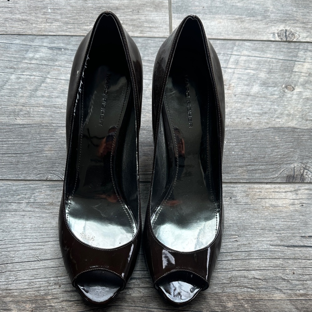 Marc Fisher Glossy Black Peep-Toe Heels